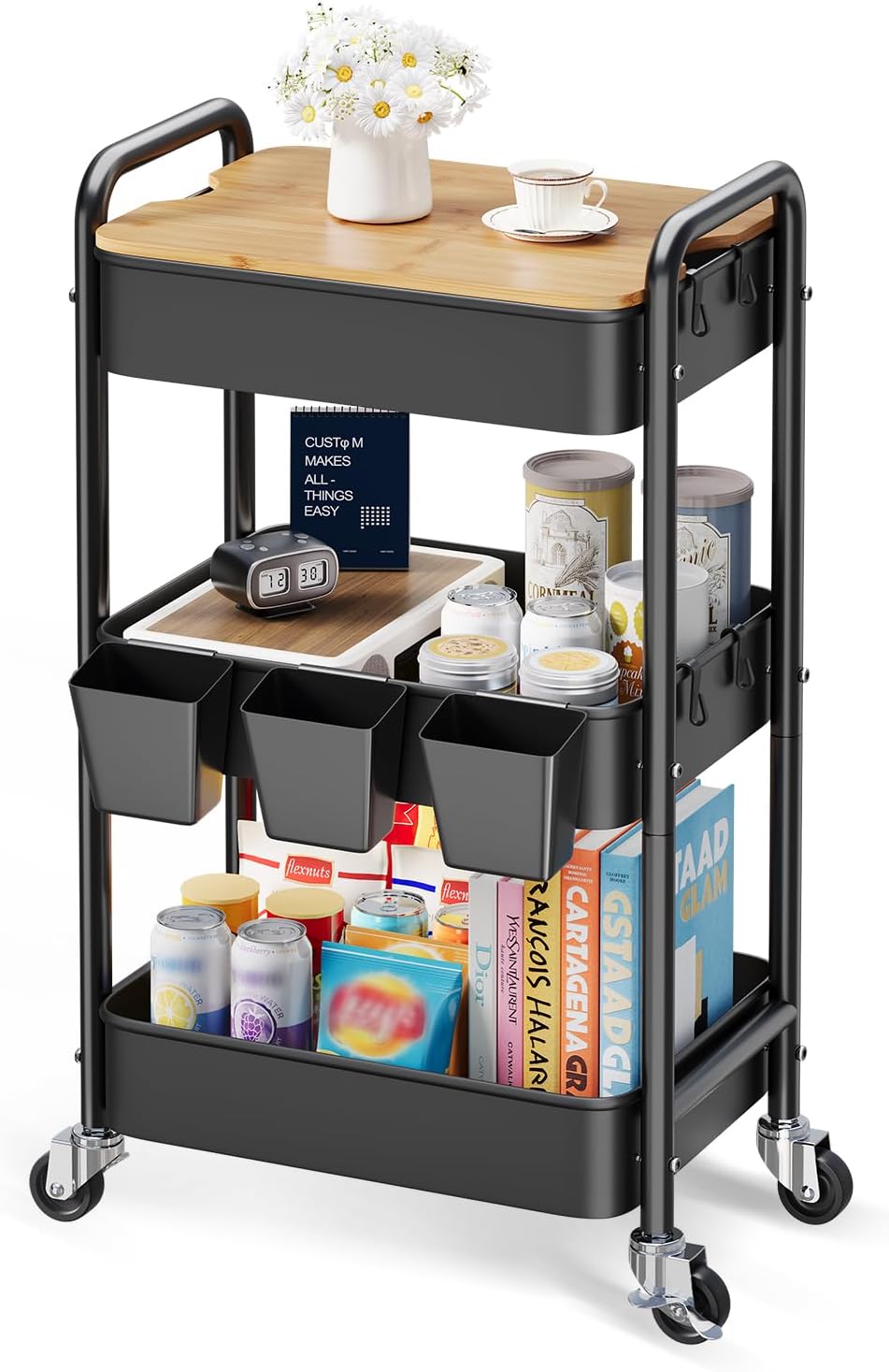 3 Tier Storage Rolling Cart with Wood Table Top on Lockable Wheels(Black)