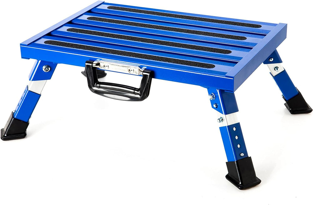 Homeon Wheels Adjustable RV Step Stool, Folding Aluminum Legs, Blue