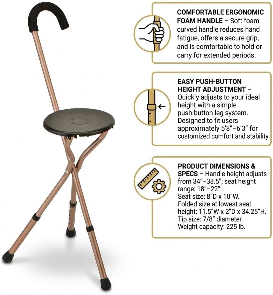 NOVA Folding & Adjustable Seat Cane – Lightweight, Durable Walking Cane w...