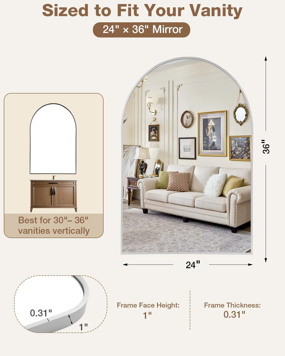 24"x36" Arched Bathroom Vanity Mirror, Brushed Nickel Aluminum Frame