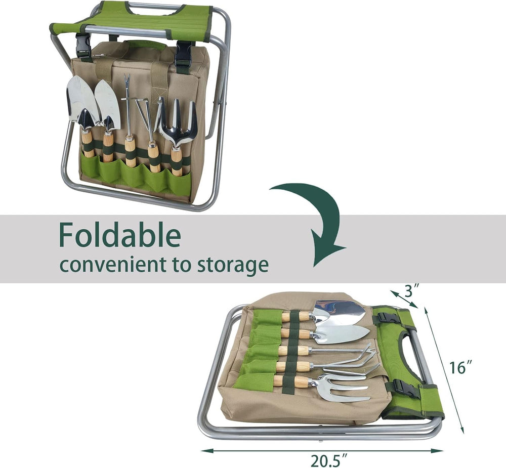 Gardening Tool Set with Folding Stool and Storage Tote Bag