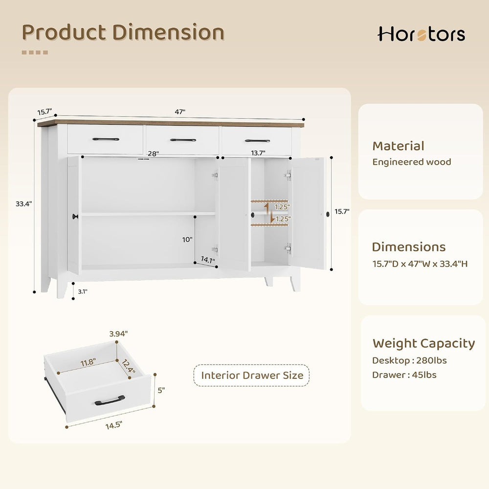 HORSTORS 47" W Kitchen Buffet Sideboard Cabinet with Storage Drawers, White