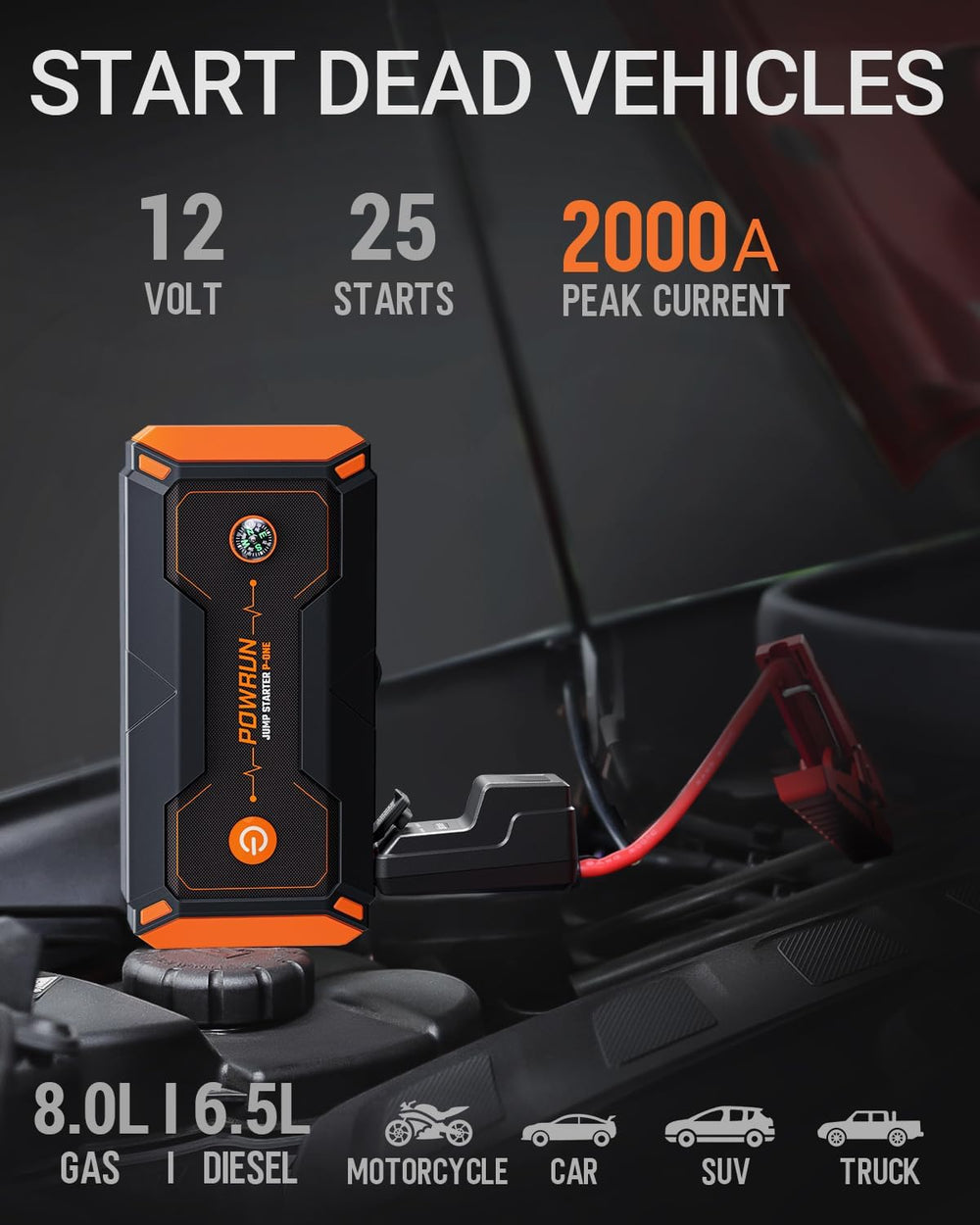Powrun P-ONE Jump Starter, 2000A Portable Jump Box - Car Jump Starter Battery...