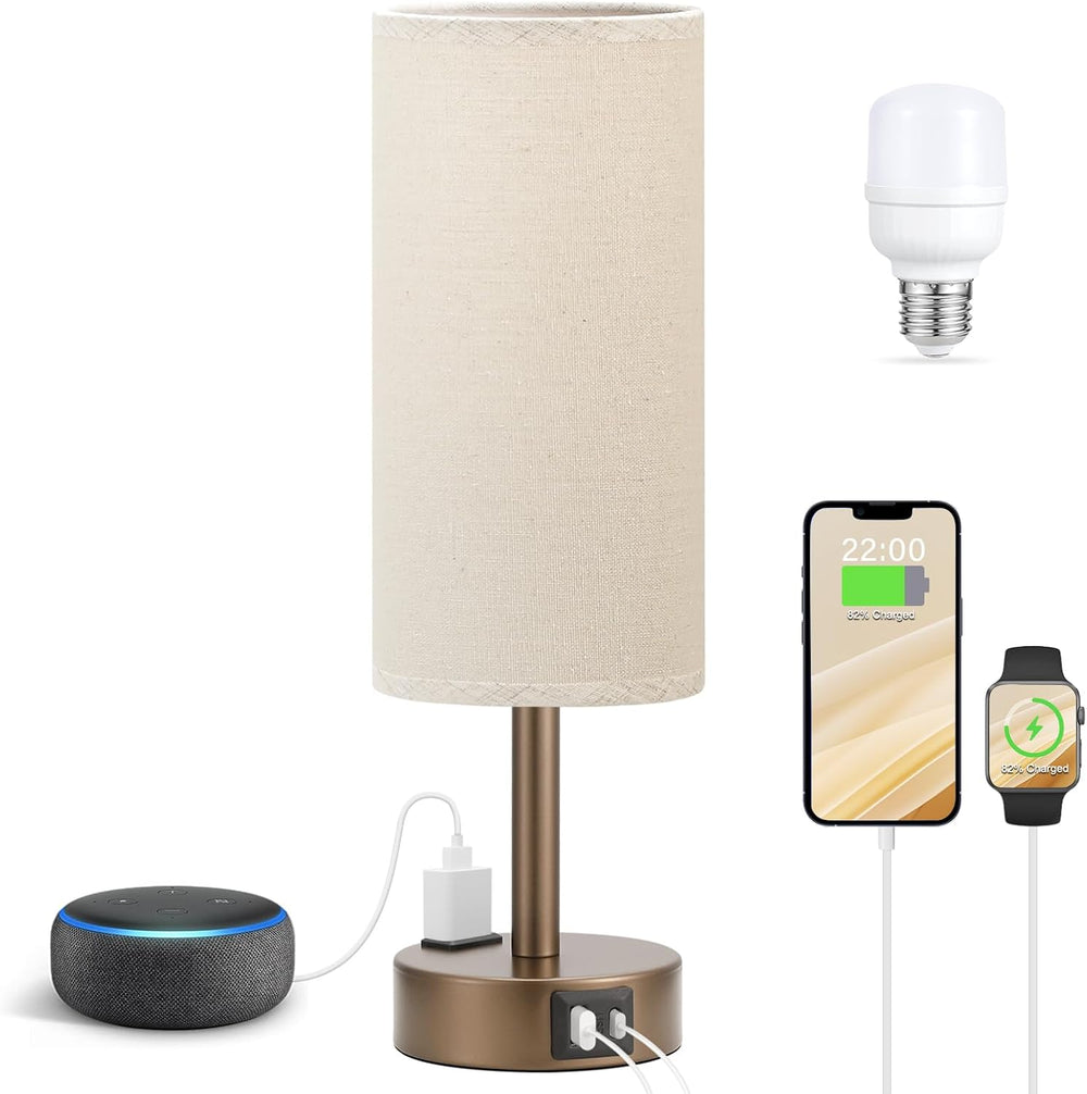 Fenmzee Brown Bedside Lamp for Bedroom, Dimmable Touch, USB A+C, AC Outlet