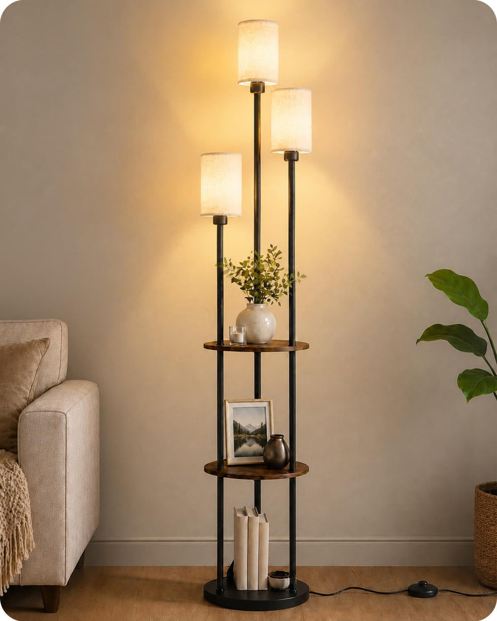 KIZON 71" Floor Lamp with Shelves, 3-Tier Standing Light, Black and Beige