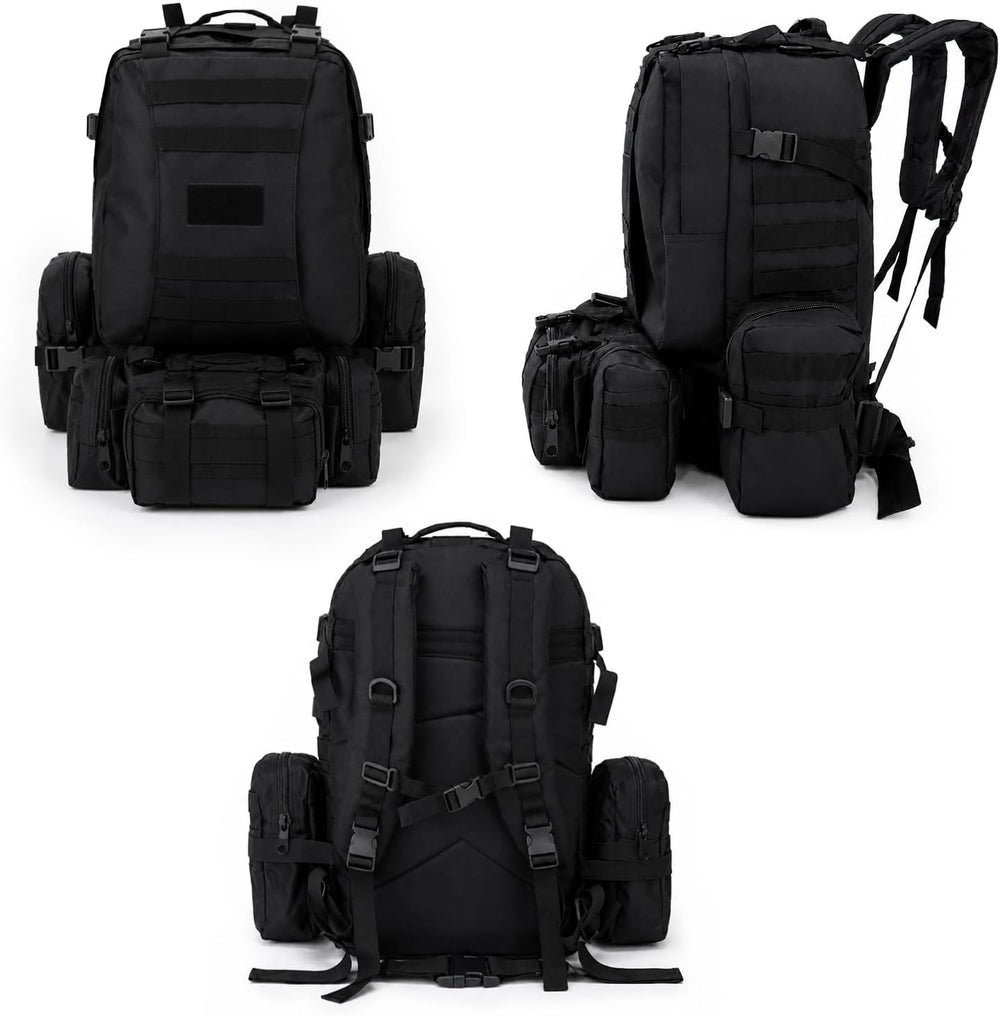 60L Black Military Tactical Backpack with Detachable Molle Bag