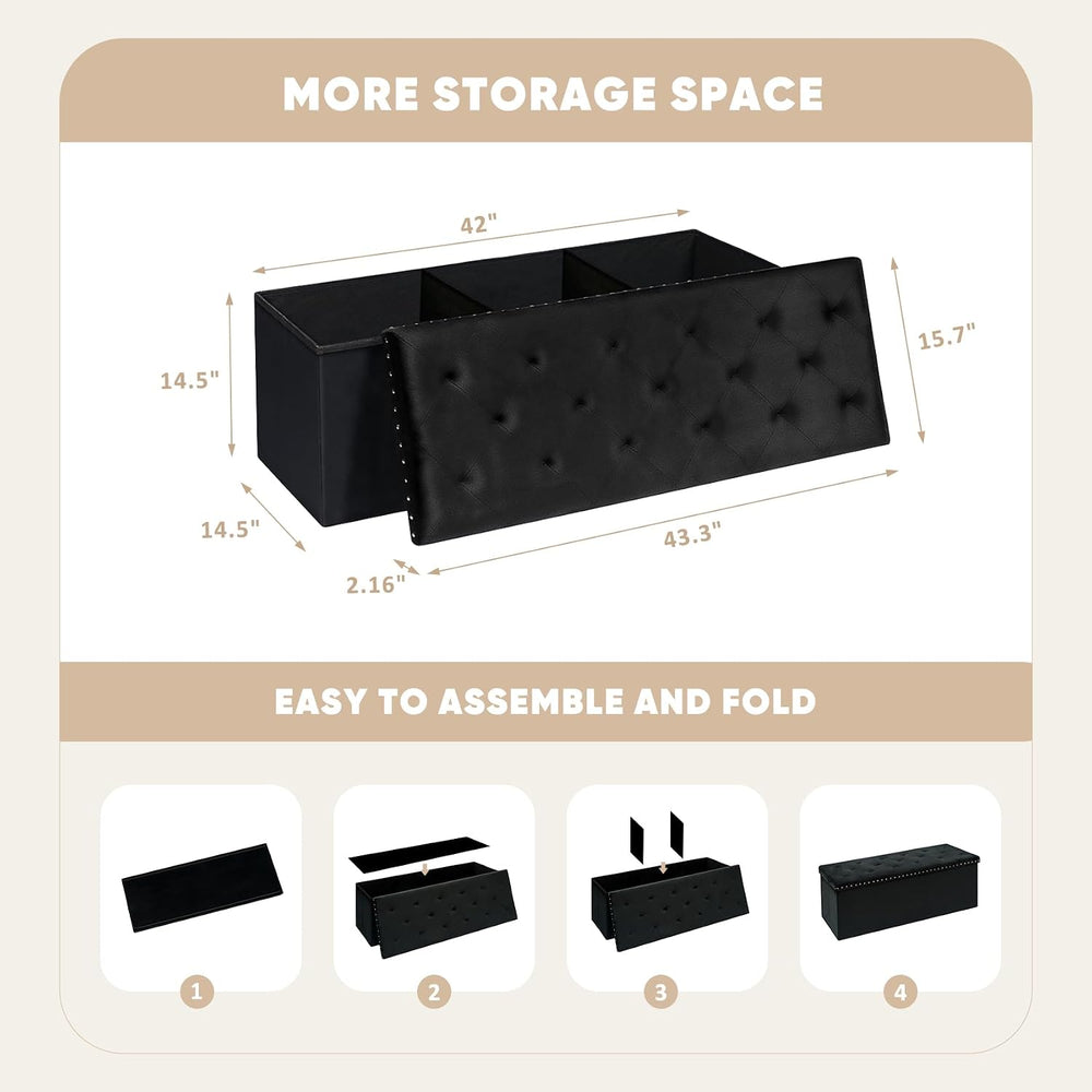 PINPLUS Folding Storage Ottoman Bench, Black Velvet