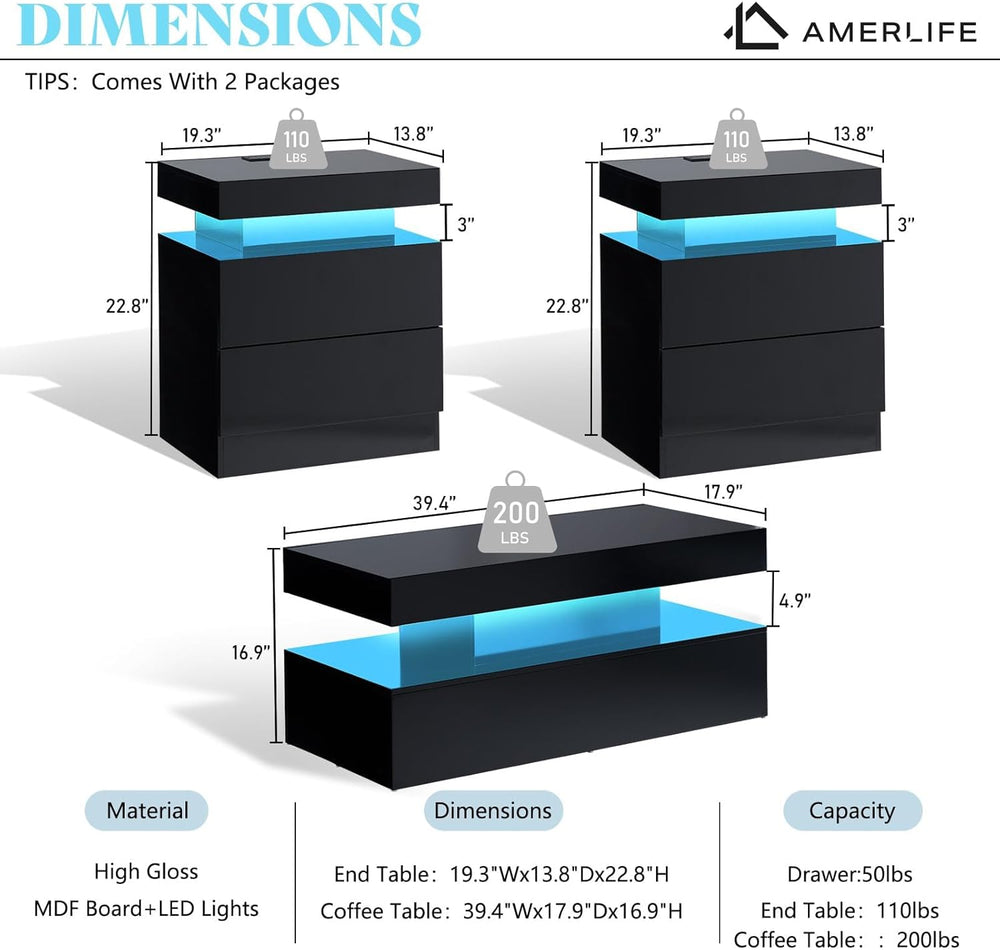 AMERLIFE 3-Piece High Gloss Living Room Table Set with LED Lights, Modern Cof...
