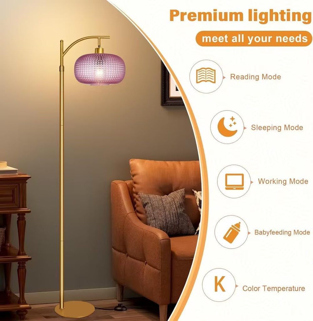 Glass Floor Lamp for Living Room,Modern Standing Lamp with Pink Lamp Shade