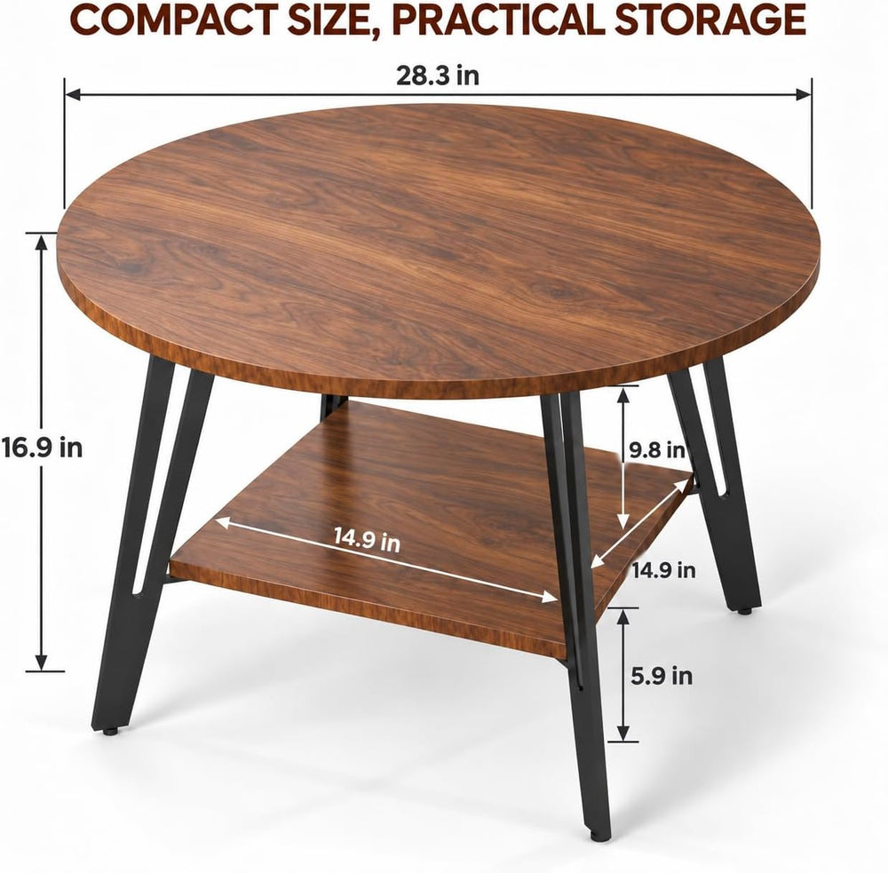 Manora 28" Round Coffee Table for Living Room, Storage Shelf, Rustic Brown