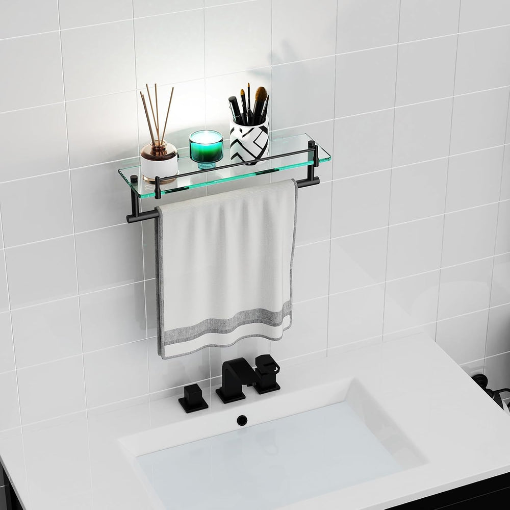 Bathroom Towel Rack with Tempered Glass Shelf 16 Inch, Matte Black Floating W...