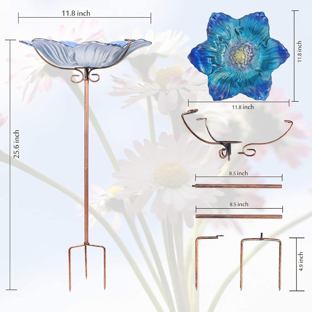 MUMTOP Glass Bird Bath Outdoor Birdfeeder Blue Flower Bowl with Metal Stake