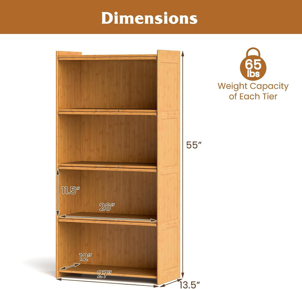 Giantex 4-Tier Bookcase with Clear Doors, 55" Bamboo Bookshelf with Flip...