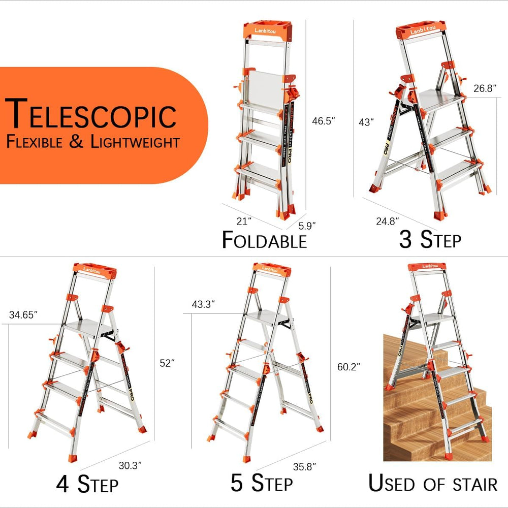 LANBITOU 5 Steps Aluminum Portable Folding Ladder for Stairs Home 330lbs