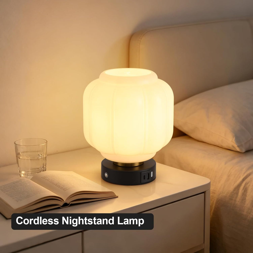 Rechargeable Table Lamp, Cordless Milk Glass Bedside Lamp Small