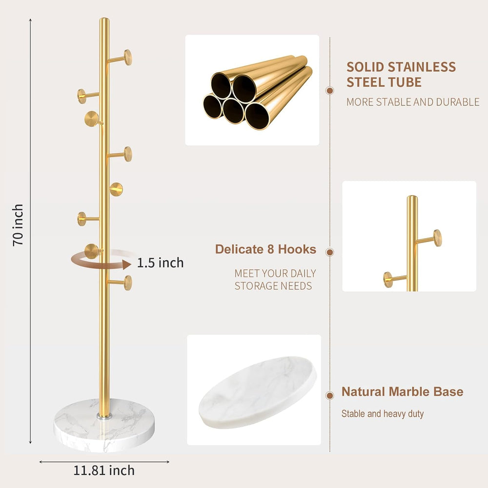 Coat Rack Stand,Golden Metal Coat Rack Freestanding with 8 Hooks