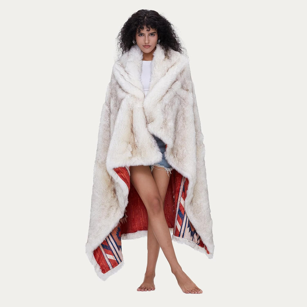 Luxury Plush Faux Fur Throw Blanket with Aztec Pattern, Super Warm, Fuzzy, El...