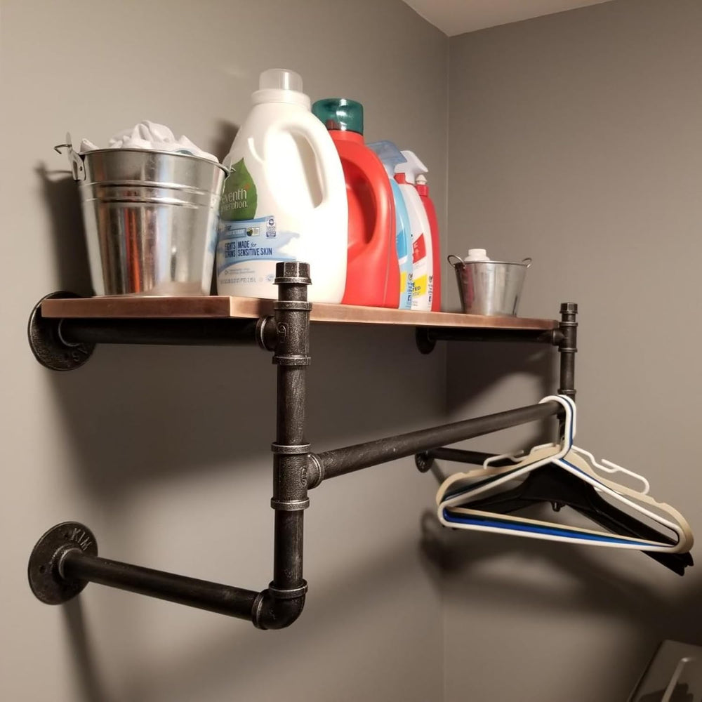 Industrial Pipe Clothing Rack With Shelves,Wall Mounted Clothes Rack 24In