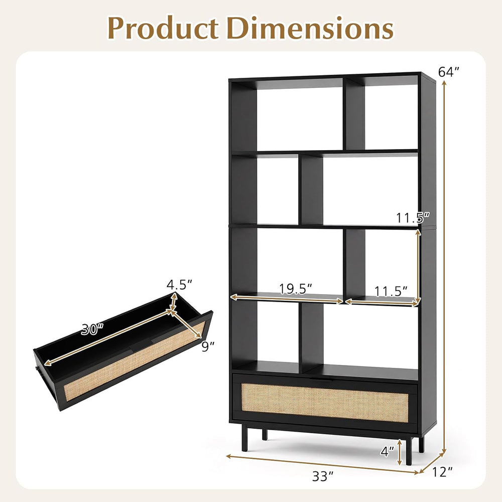 GIANTEX 64" Tall Bookshelf with Rattan Drawer, 6-Tier Wood Bookcase with...