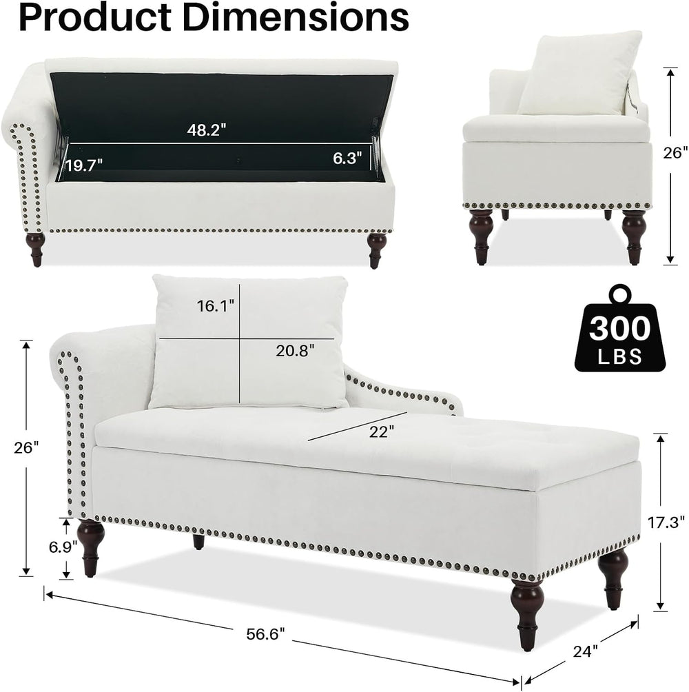 SOFTHION Velvet Chaise Lounge with Storage & Left Armrest, White