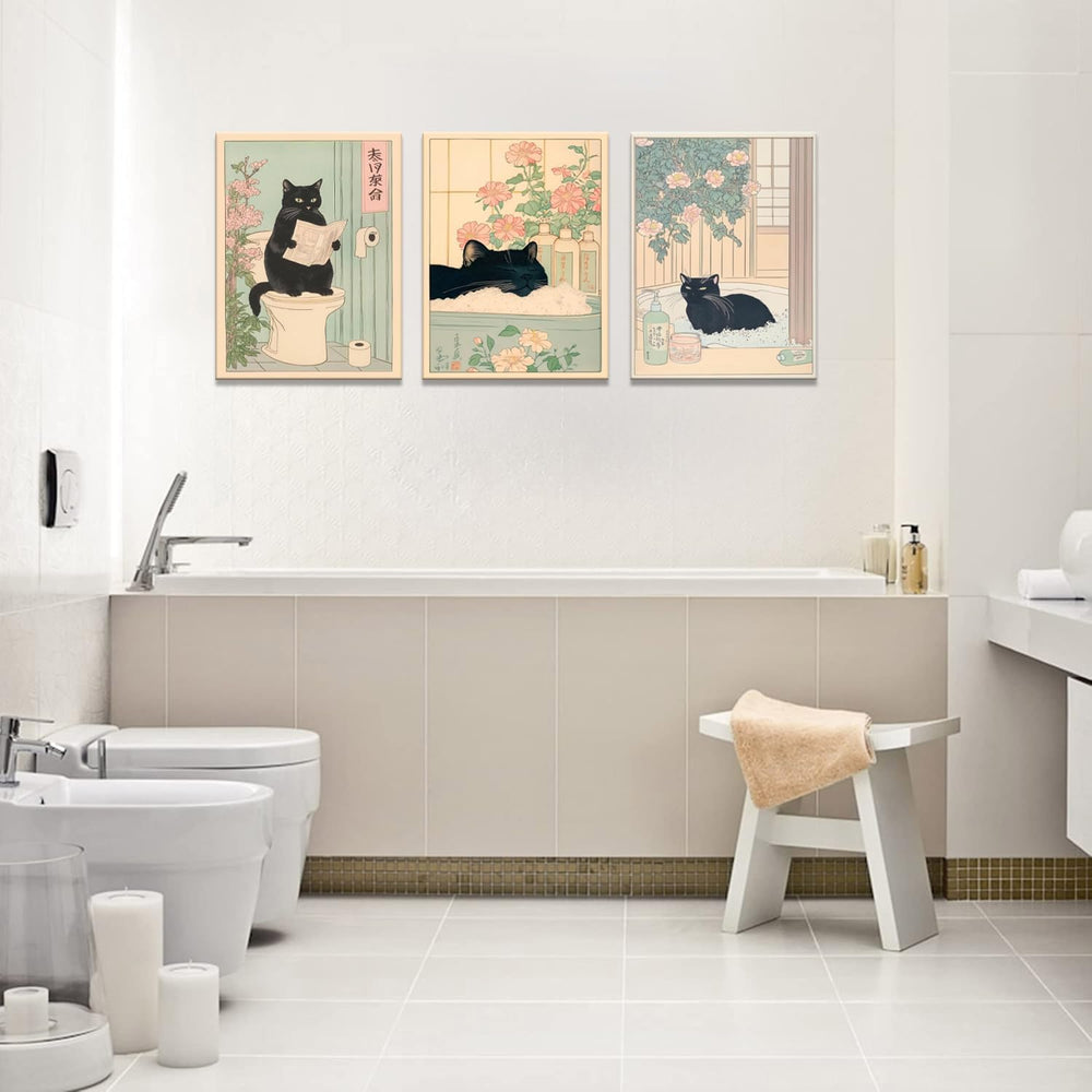 Funny Bathroom Wall Art Set of 3, Japanese Cute Black Cat Wall Decor Painting...