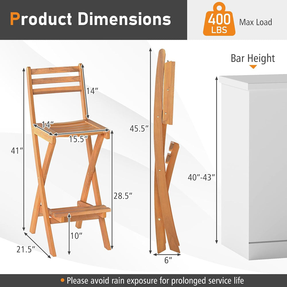 Tangkula Patio Folding Barstool Set of 2, Outdoor Portable High Top Acacia Wo...