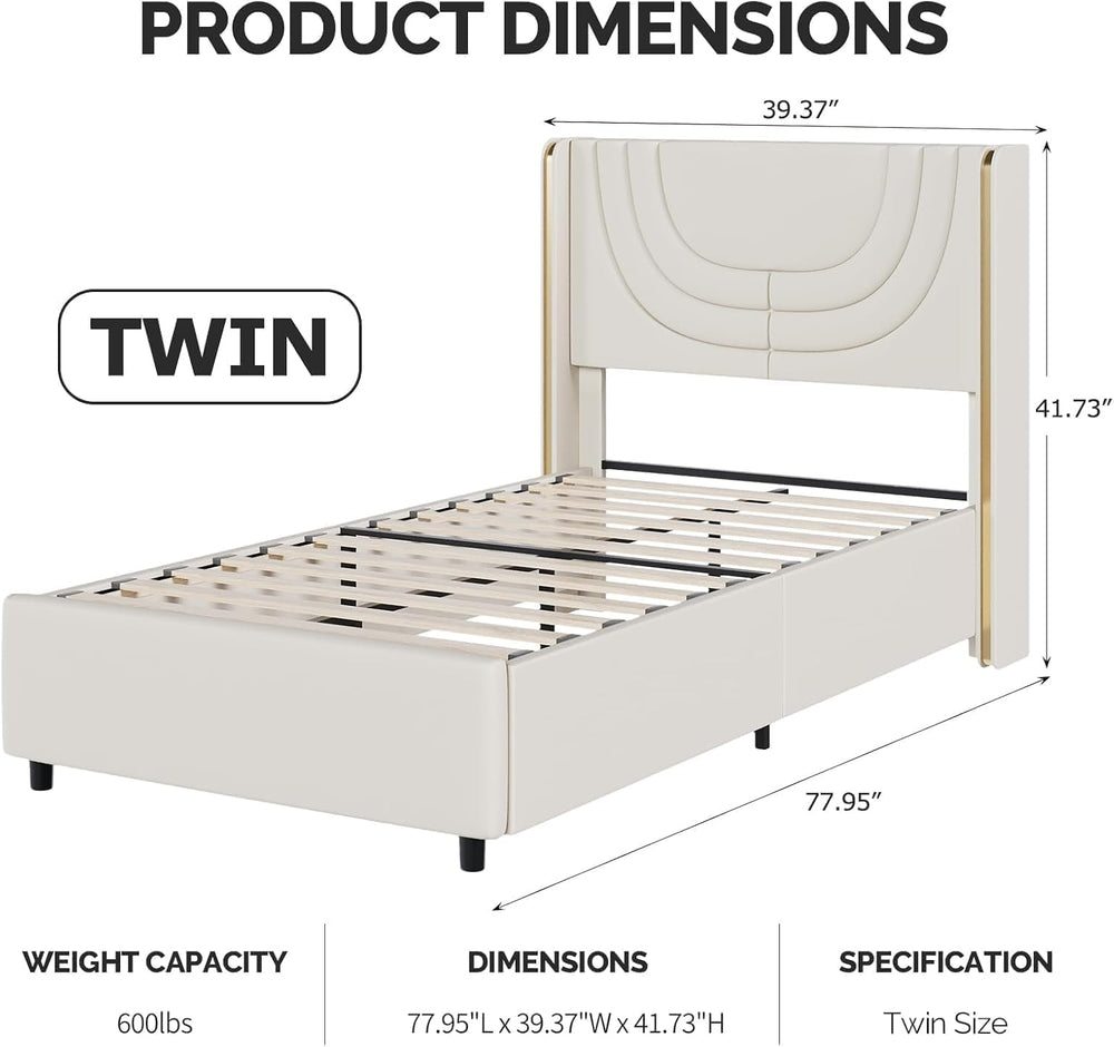 Twin Size Bed Frame with LED Lights and Gold Wingback Headboard,Cream
