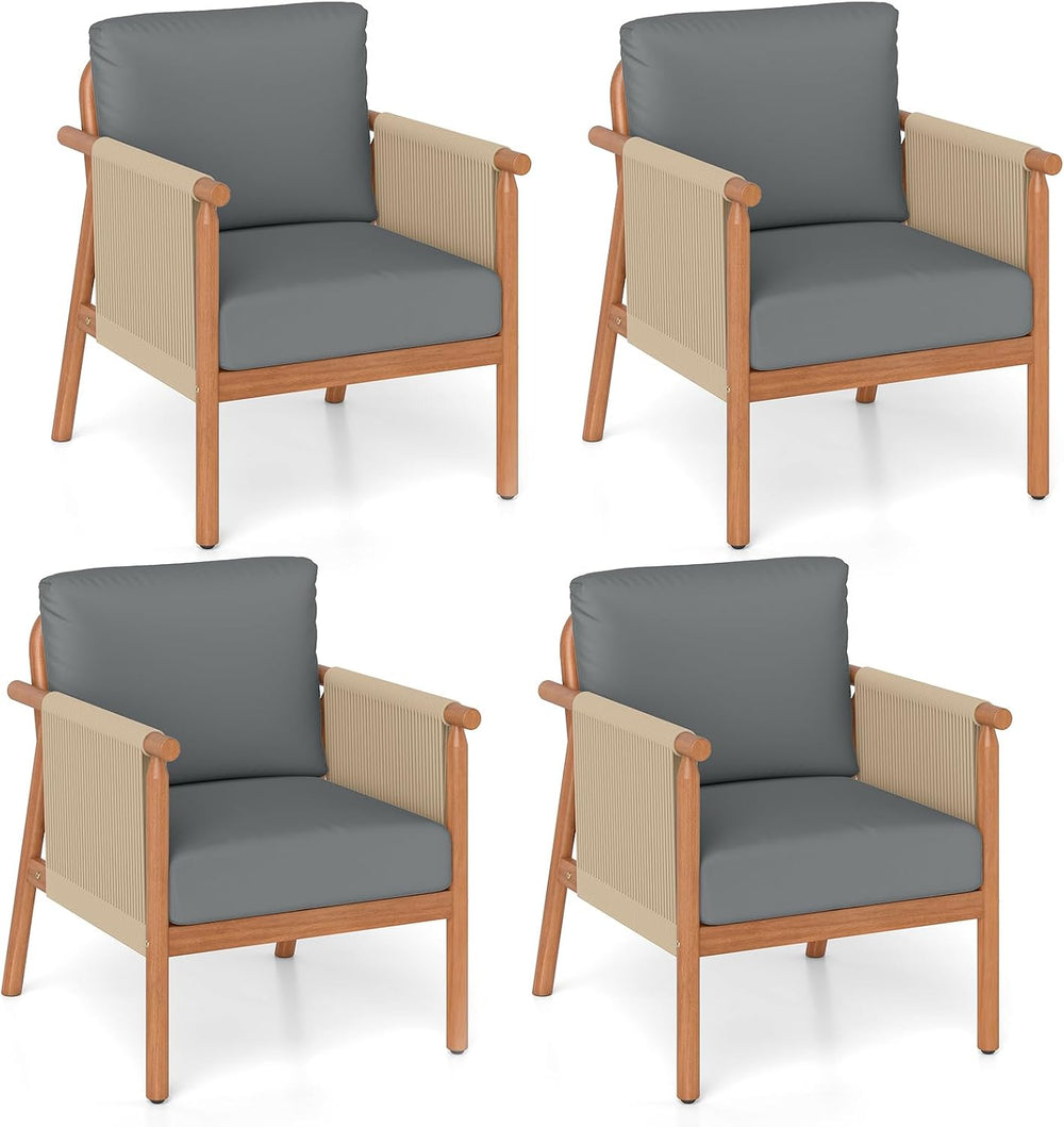 Tangkula Acacia Wood Patio Club Chair Set of 4, Boho Accent Chair with Woven ...