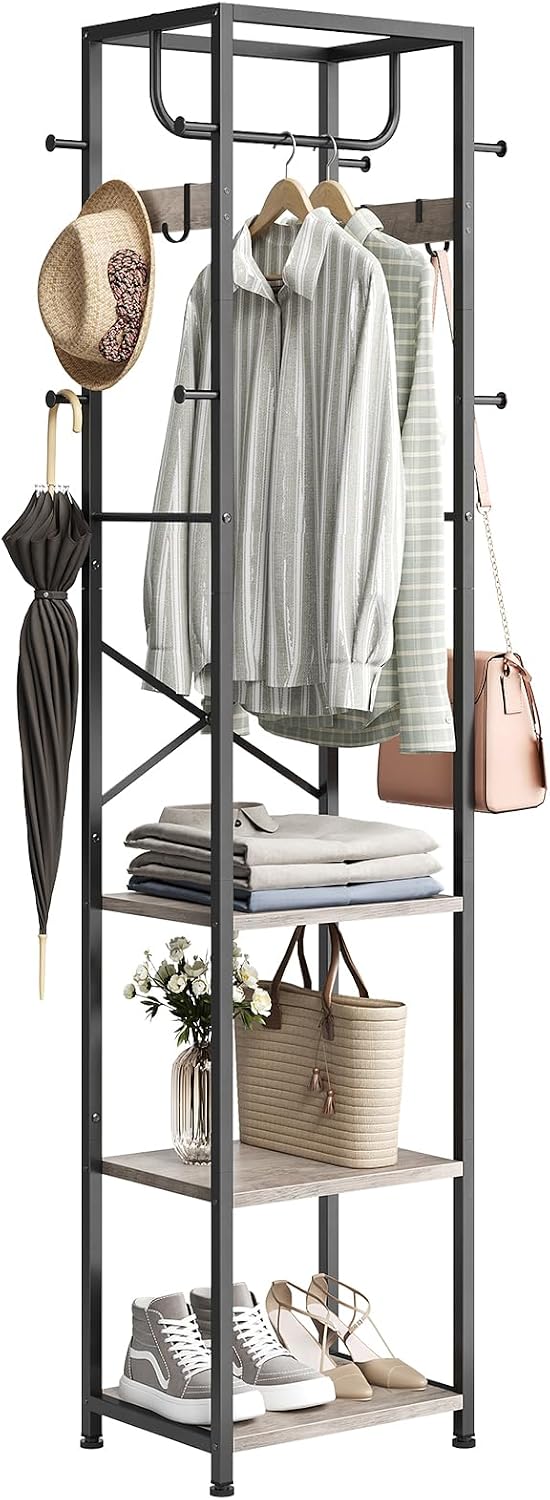 Coat Rack Freestanding, Hall Tree with 3 Shelves and 12 Hooks, Greige