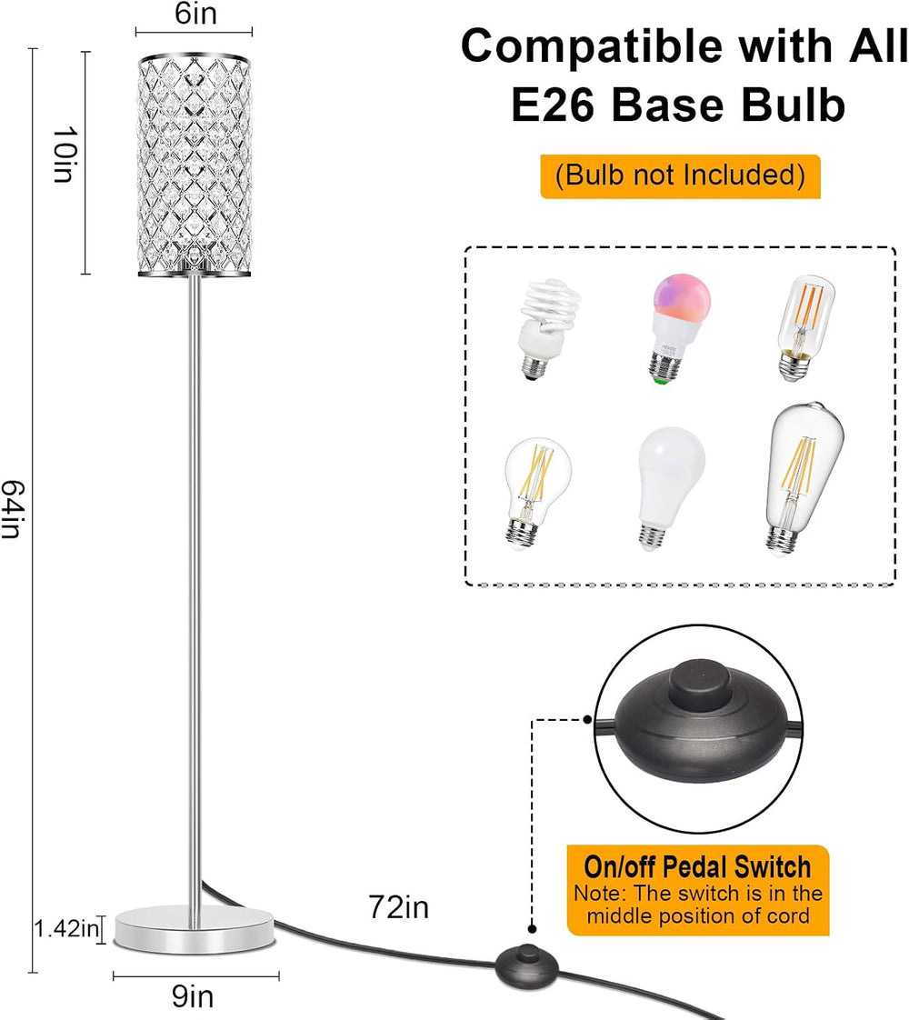 Crystal Floor Lamp, Silver Tall Pole Lamp with On/Off Foot Switch