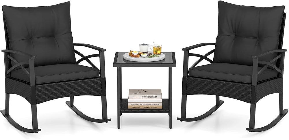Tangkula 3 Pieces Wicker Outdoor Rocking Chairs Set