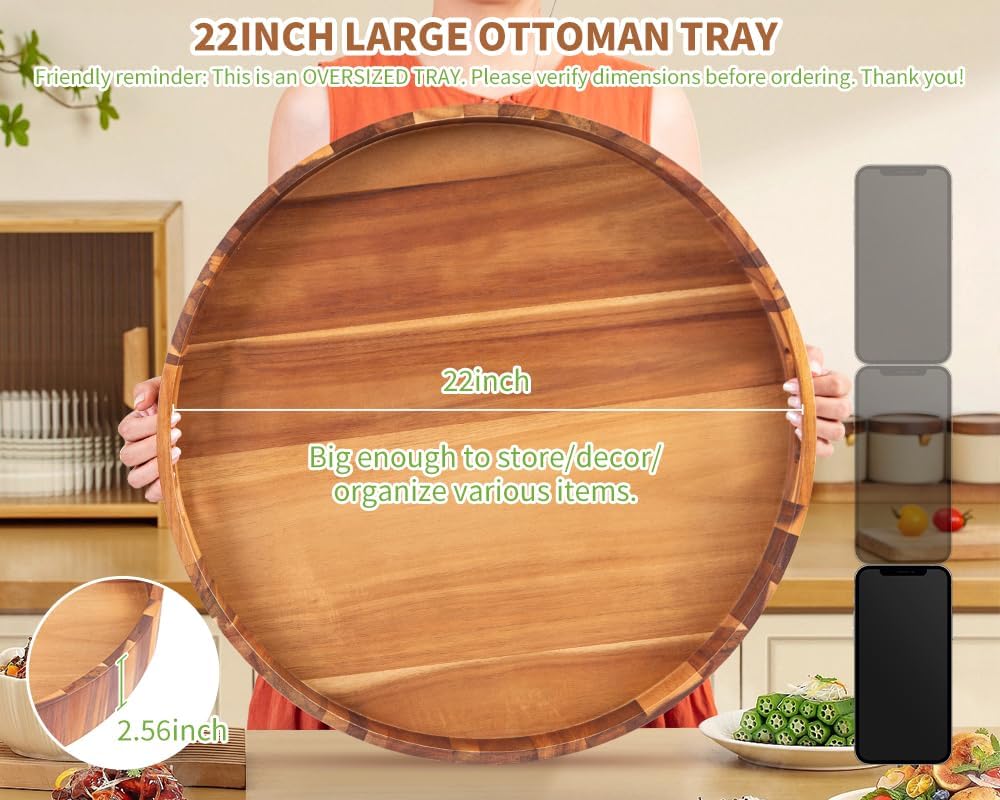 Extra Large Round Ottoman Coffee Table Tray, 22" Big Kitchen Serving Tra...