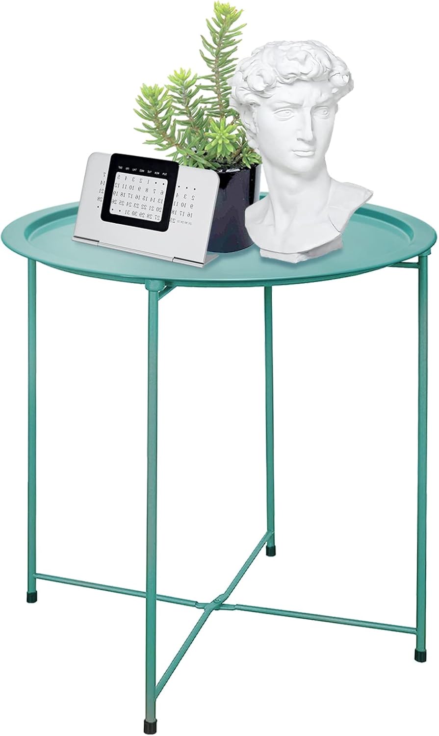 Garden 4 you End Table Metal Side Table Green Round Folding Tray Cyan Sofa Sm...