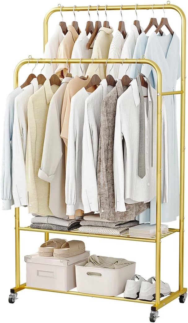 SUOERNUO Clothes Rack with Lockable Wheels Double Rods Metal Garment Racks