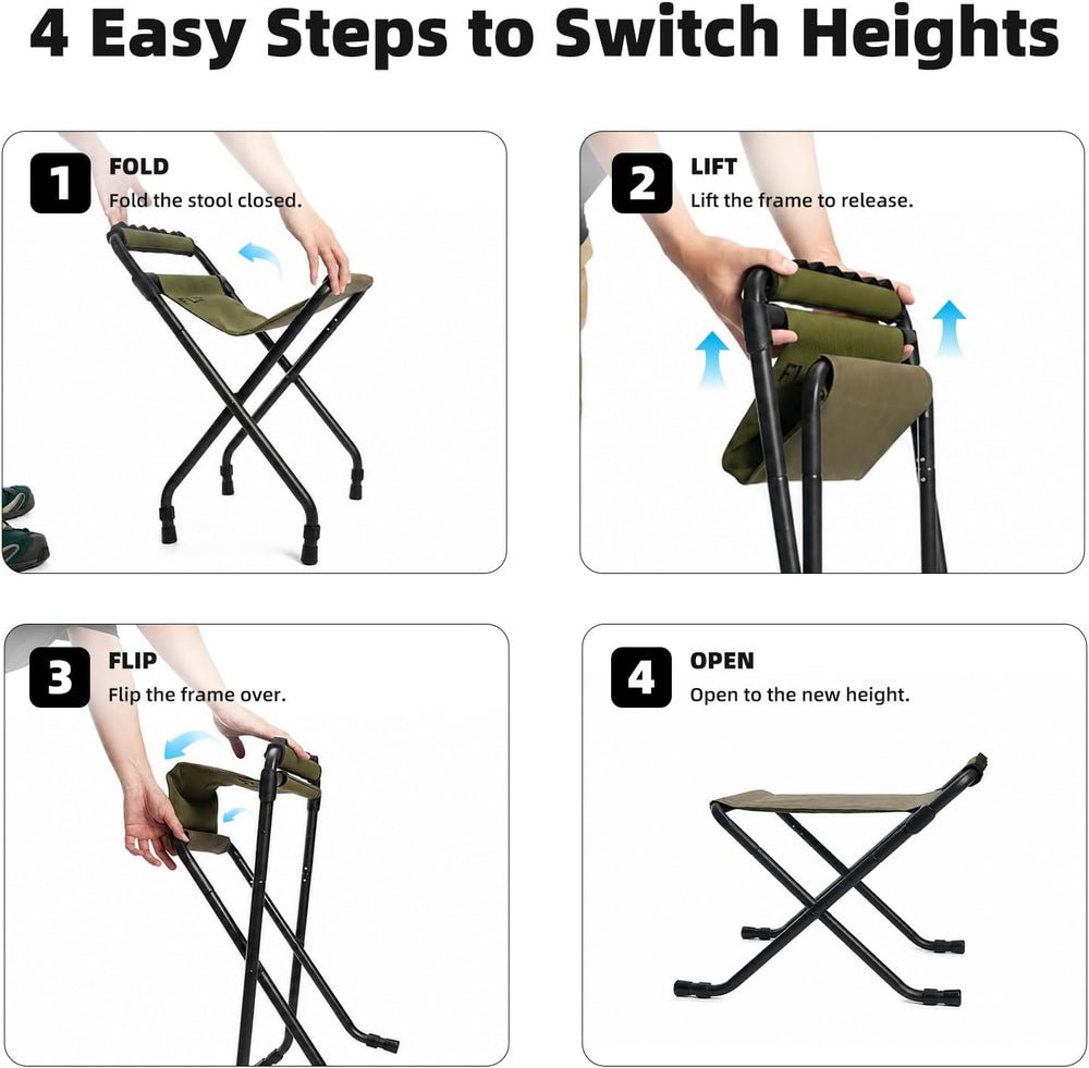 2-Level Height Adjustable Tactical Camp Stool, Detachable 4-Leg Folding Stool...