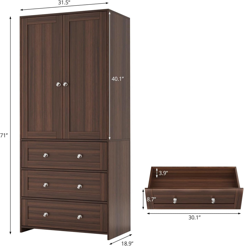 VOWNER 71" Tall Armoire Wardrobe Closet with Drawers and Mirror