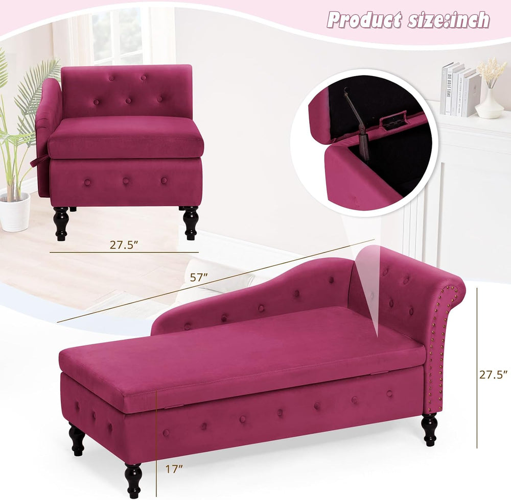 Velvet Chaise Lounge w/Right Armrest & Storage Space, Fuchsia