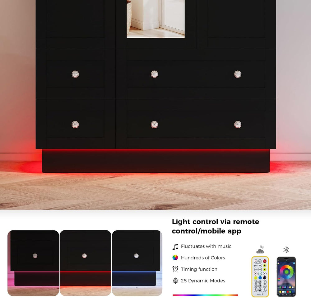 VOWNER Wardrobe Closet with 3 Doors Bedroom Armoire with Mirror & 4 Drawers