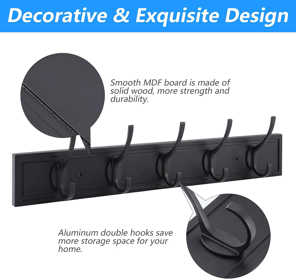 Wall Mounted Coat Rack, 27 Inch MDF Board with 5 Double Hooks, Black