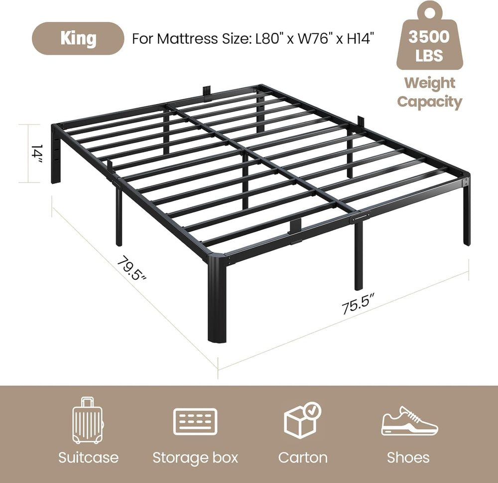 Metal Bed Frame King Size, 14 Inch Heavy Duty Platform Bedframe, Noise Free