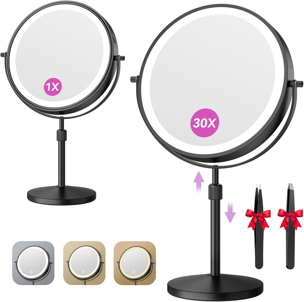 Auxmir 9" 5000mAh Magnifying Mirror, 1X/30X Lighted Makeup Mirror, Black