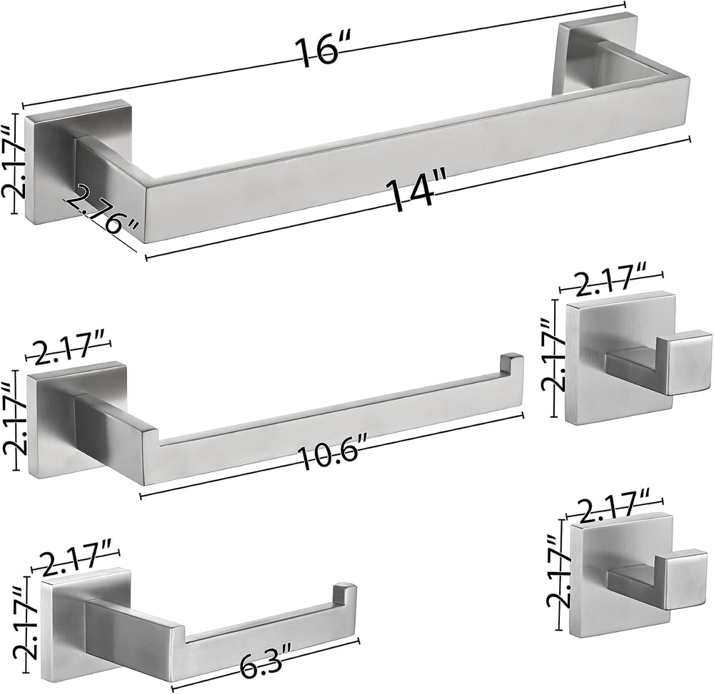 5-Piece Bathroom Hardware Set, 16 in Towel Bar, Brushed Nickel
