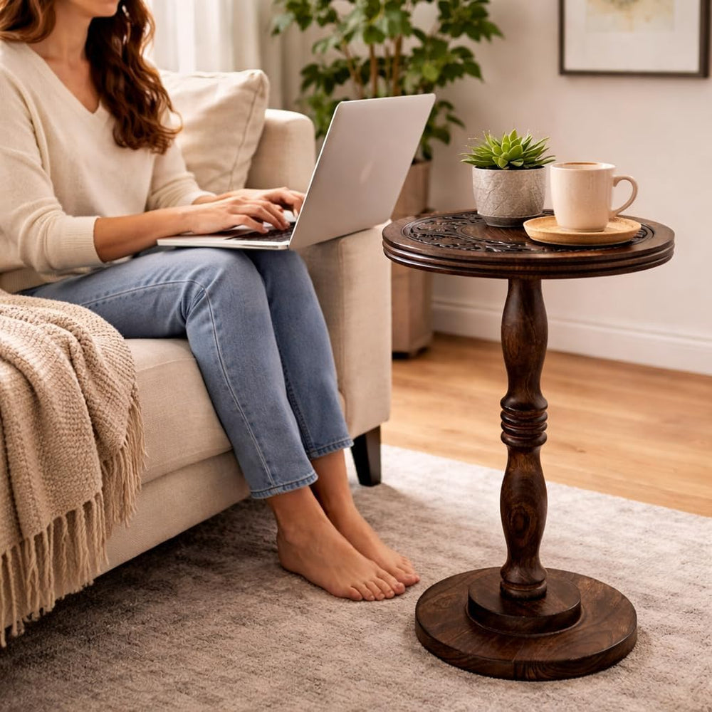 Mango Wooden Accent Table 12x22 Round Handcrafted Carved Side Table