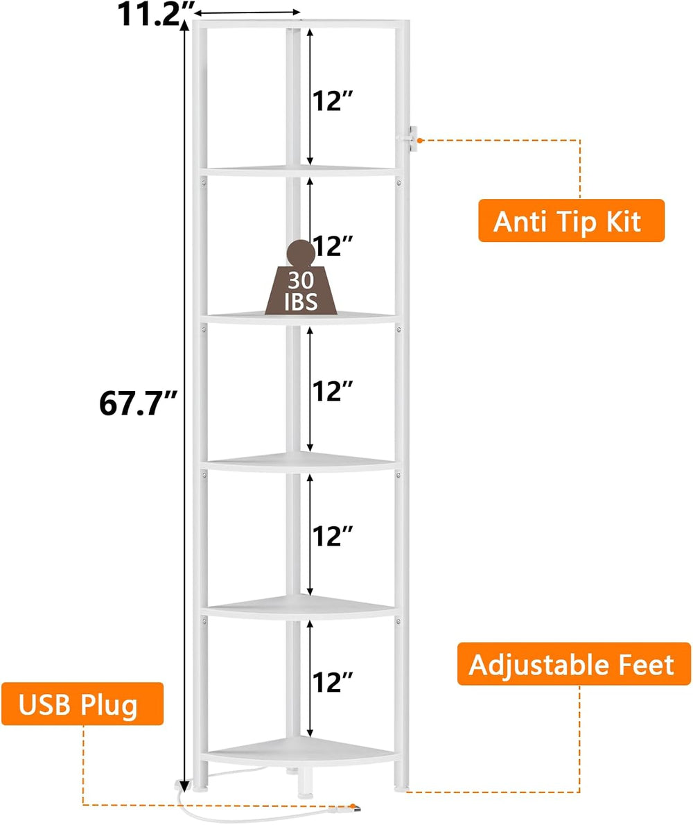 Furnulem 6 Tier Corner Shelf with LED Light, 67.5" White Narrow Bookshelf