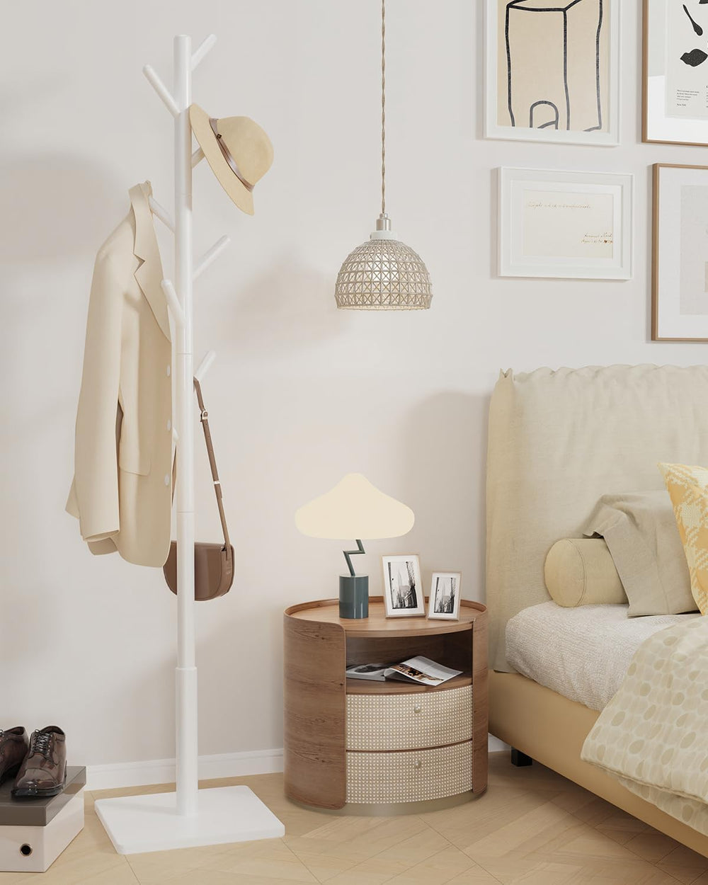 Yawinhe Coat Rack, Sturdy Woode Stand Tree with 8 Hooks,White