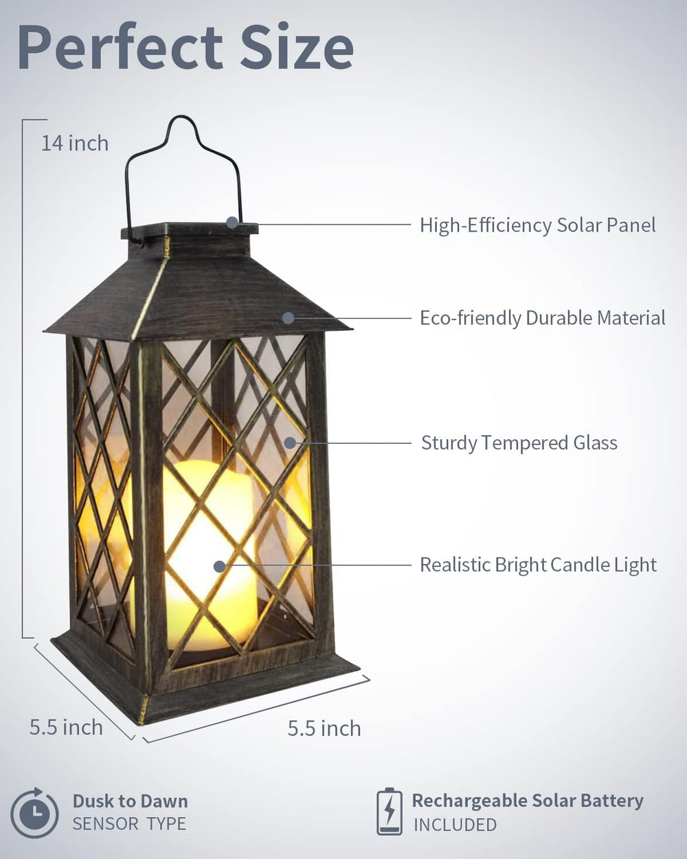 2 Pack 14'' Durable Tempered Glass Solar Lanterns Outdoor Waterproof