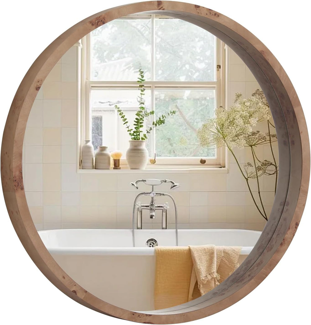 WallBeyond 24 Inch Round Wood Mirror, Burlwood Grain Wood Frame Circle Mirror...