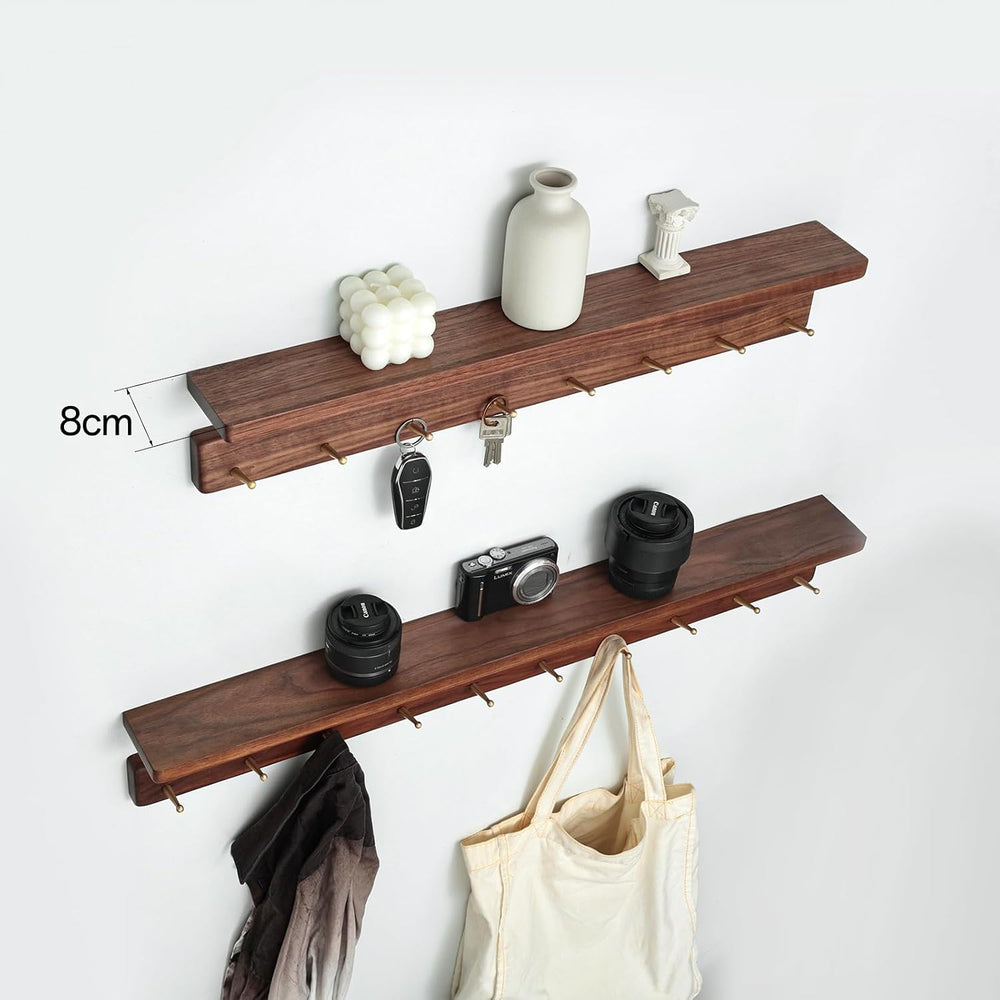 Walnut Wood Coat Rack with Shelf, Wall Mounted Rack with 5 Hooks