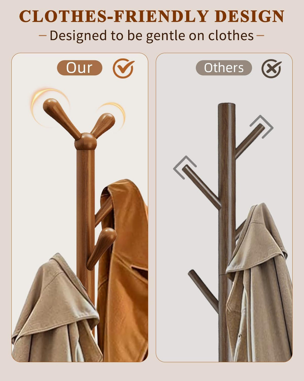 STARSAGA Solid Wood Coat Rack Freestanding Coat Tree with 8 Hooks