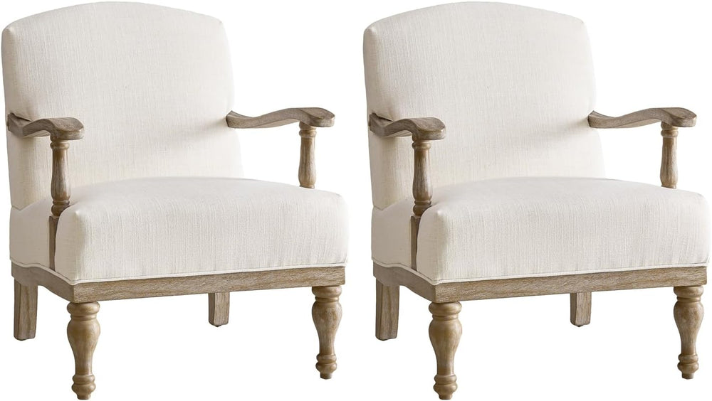 HULALA HOME Farmhouse Accent Chair Set of 2 Solid Wood Frame, Ivory